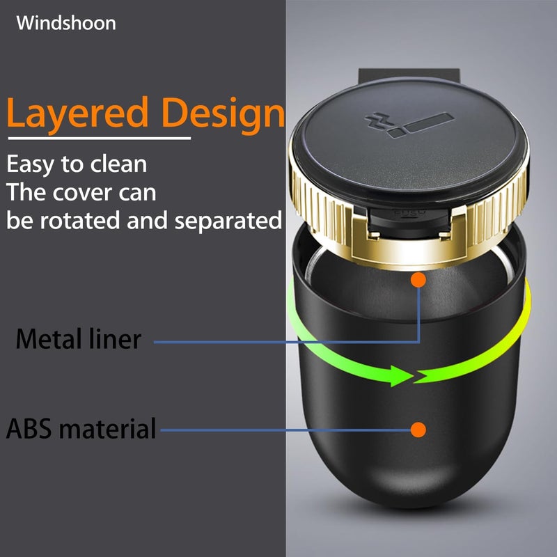 Windshoon Smokeless Car Ashtray with Lid - Stainless Steel Inner Container Windproof Ashtray, Portable LED Blue Light Auto Accessories for Travel, Detachable Mini Trash Can (Golden 1-Pack) - Image 3